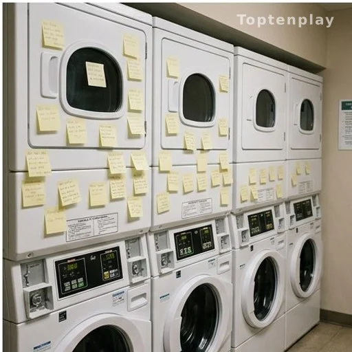 Buanderie commune avec post-its collés sur les machines à laver et les murs