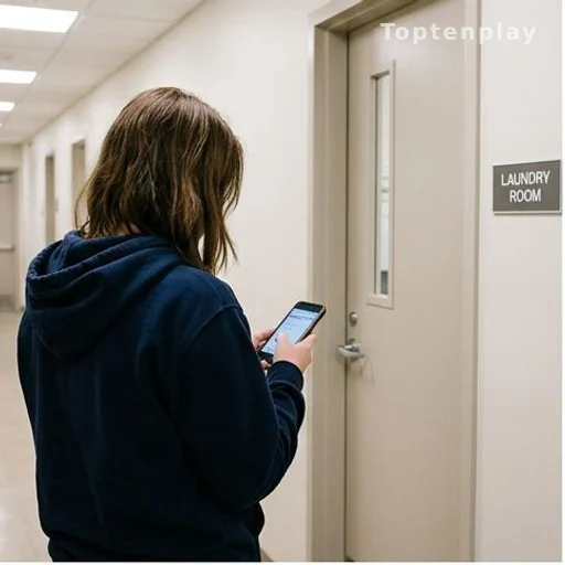 Personne de dos avec téléphone dans le couloir d'un immeuble collectif