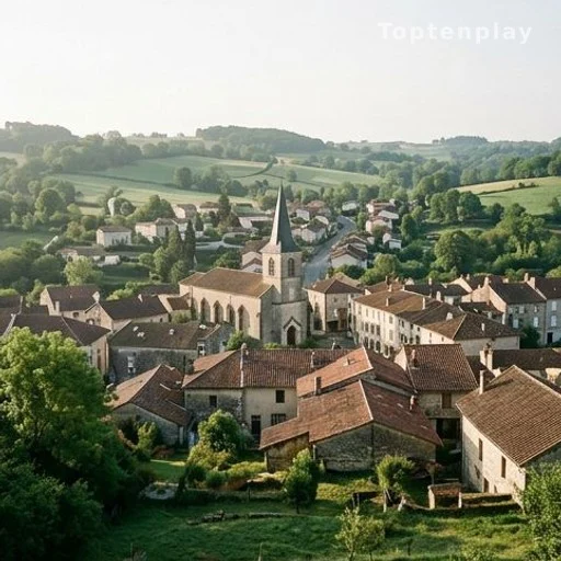 Petite ville française dans un paysage de collines verdoyantes, commune rurale Puy-de-Dôme