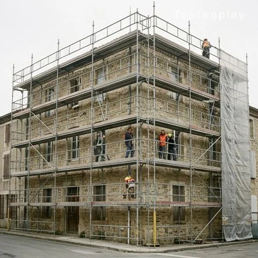 Bâtiment ancien en travaux avec échafaudages, rénovation siège communauté de communes