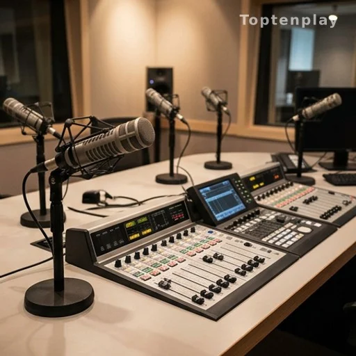 Plateau de radio avec microphones, évoquant les déclarations de Pascal Praud sur Europe 1