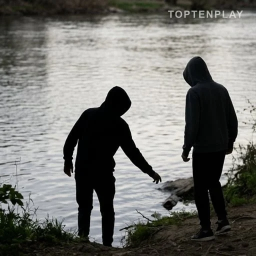 Silhouettes anonymes au bord d’une rivière dangereuse