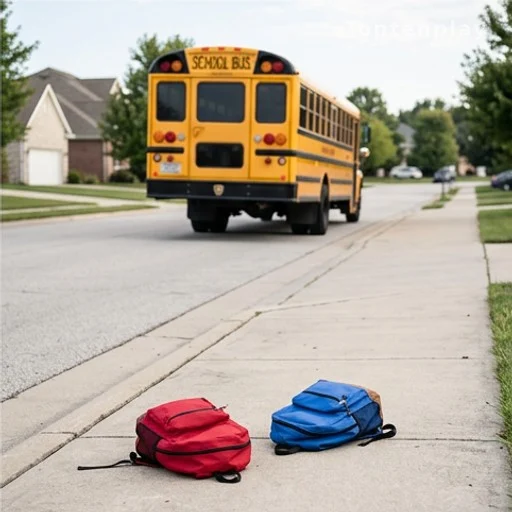 Car scolaire qui repart, cartables abandonnés sur le trottoir lors d'une sortie scolaire