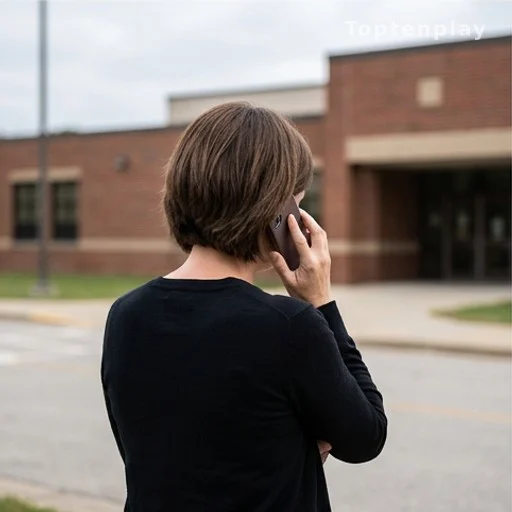 Mère inquiète devant une école attendant des nouvelles de sa fille après une sortie scolaire