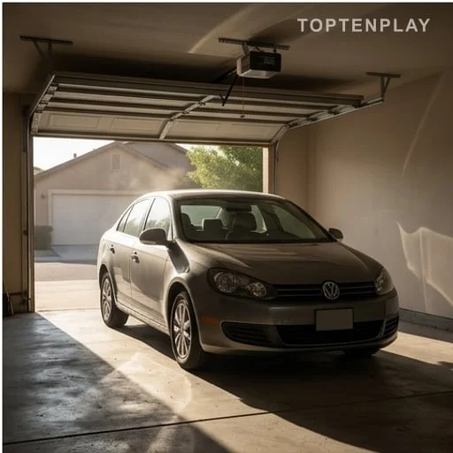 Voiture stationnée en forte chaleur près d’un garage
