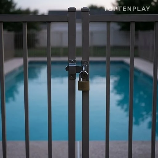 Deux portails verrouillés autour d’une piscine