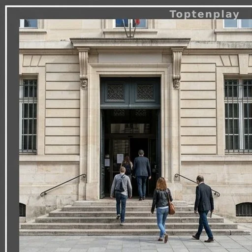 Entrée d'un tribunal correctionnel français, façade en pierre, audience violences conjugales