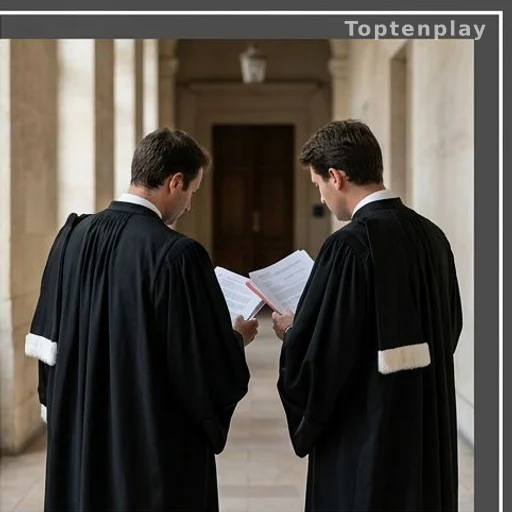 Avocats en robe noire consultant des documents au tribunal, procès violences conjugales