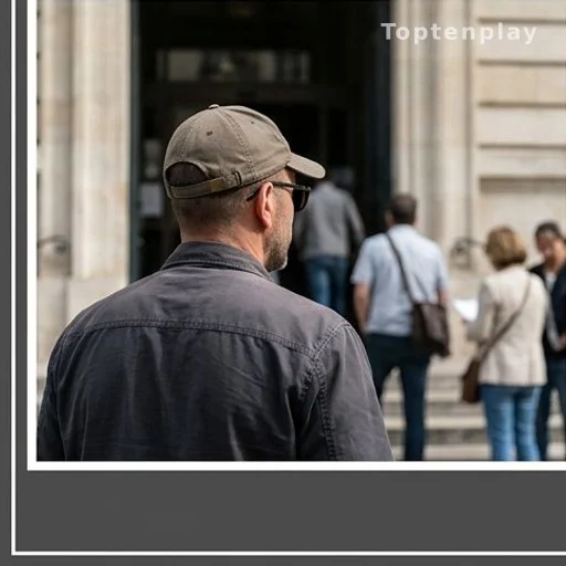 Homme de dos avec casquette et lunettes de soleil devant un tribunal, soutien moral audience