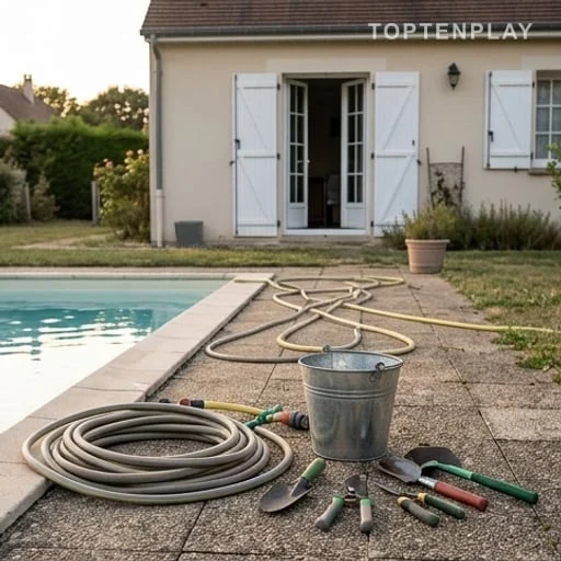 Outils de jardin près d’une piscine privée