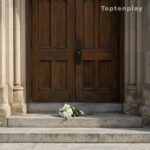 Entrée d'église avec bouquet de fleurs blanches lors d'obsèques