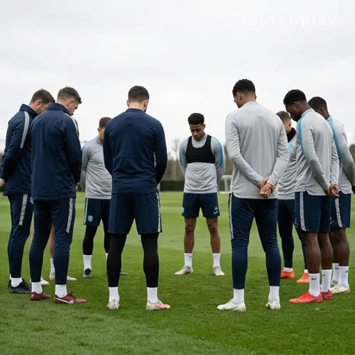Groupe de sportifs rassemblés sur un terrain en signe de recueillement