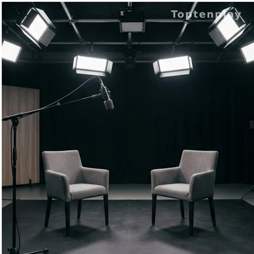 Plateau de télévision avec deux fauteuils face à face sous les projecteurs