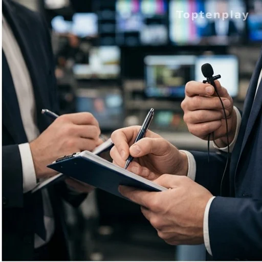 Mains d'une journaliste tenant un carnet lors d'une interview télévisée