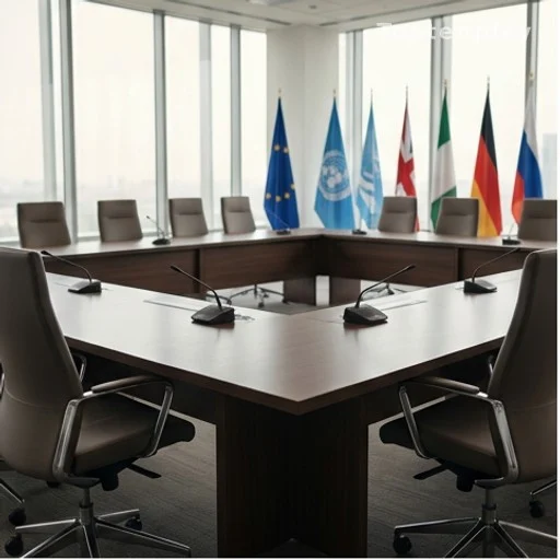 Salle de conférence diplomatique avec drapeaux internationaux pour le G7