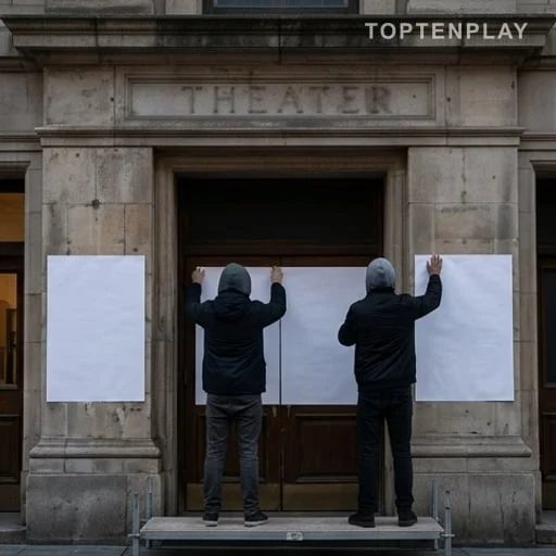 Affiches anonymes collées devant un théâtre