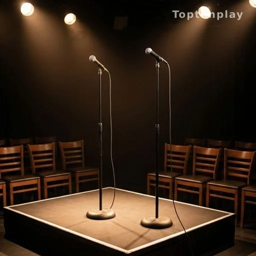 Deux micros sur scène dans une salle de spectacle comique des années 90