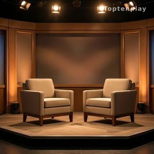 Plateau de talk-show télévisé avec deux fauteuils face à face sous les lumières de studio