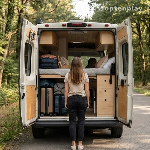 Femme de dos devant les portes ouvertes d'un van aménagé, prête à partir