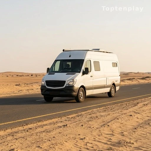 Grand van aménagé roulant sur une route désertique lors d'un voyage nomade