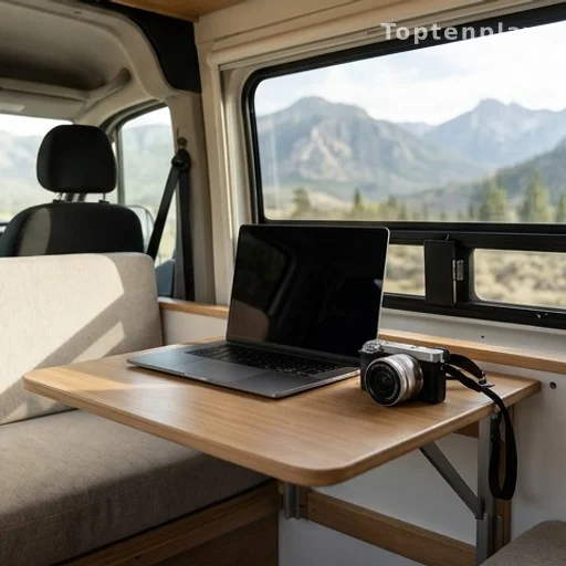 Ordinateur portable et caméra sur une table de van pour créer du contenu de voyage