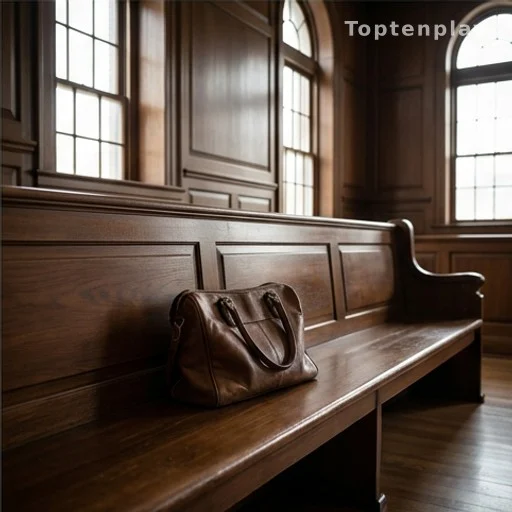 Banc d'une salle d'audience en bois avec un sac à main, lumière naturelle dramatique