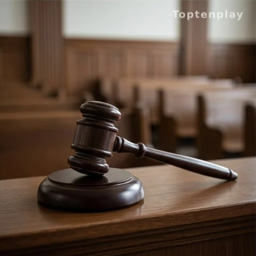 Marteau de juge posé sur une table en bois dans une salle de tribunal