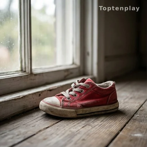 Chaussure d'enfant posée sur un parquet près d'une fenêtre, lumière douce et mélancolique