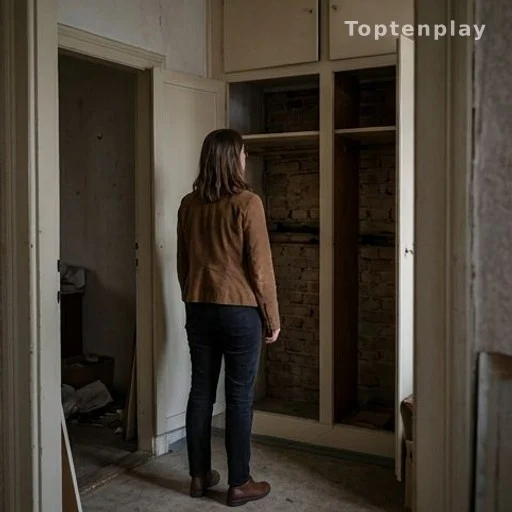 Femme de dos découvrant l'intérieur d'une pièce cachée dans un appartement
