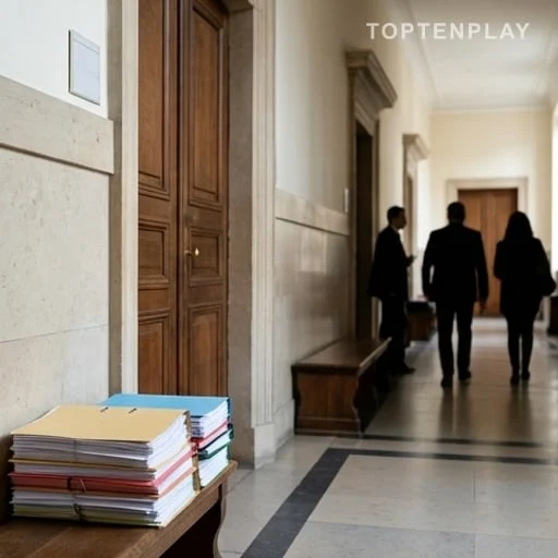 Dossiers de justice dans un couloir de tribunal