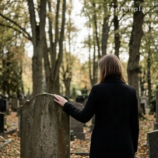 Femme de dos posant la main sur une pierre tombale dans un cimetière