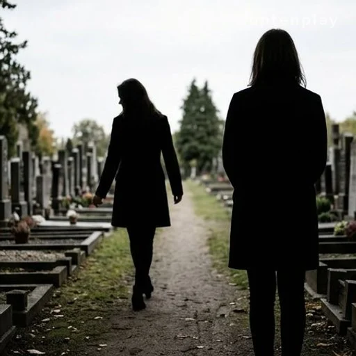 Deux silhouettes de femmes dans un cimetière, l'une s'éloignant