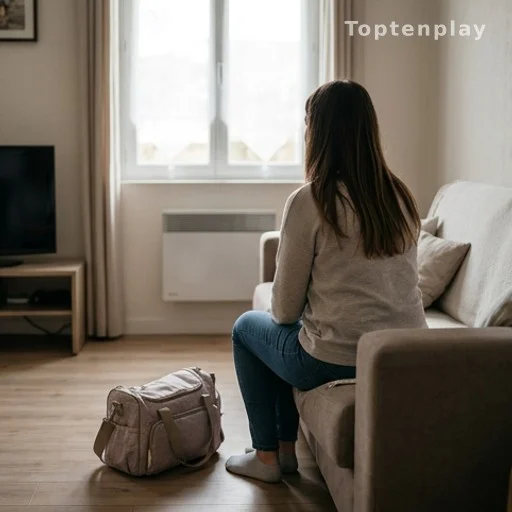 Femme de dos avec affaires de bébé, situation de départ précipité du domicile familial