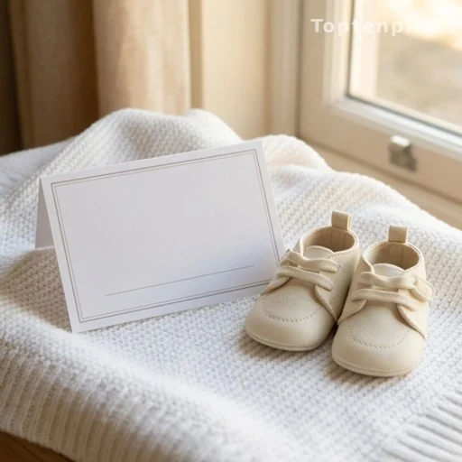 Carte de prénom bébé vierge posée sur un lange blanc avec de petits chaussons