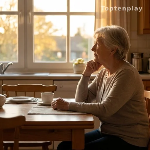 Grand-mère assise seule à une table de cuisine, regard pensif, lumière naturelle
