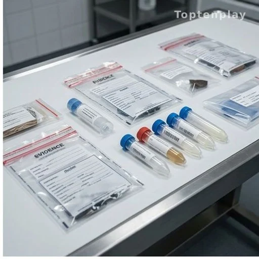 Prélèvements ADN et sachets d'indices sur une table de laboratoire médico-légal