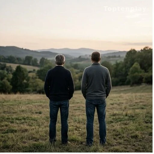 Deux silhouettes de dos dans un paysage rural des Alpes-de-Haute-Provence, attente et deuil