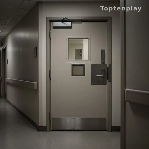 Couloir d'hôpital avec porte de chambre sécurisée, suivi médical détenue enceinte