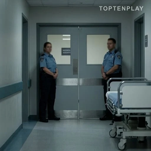 Couloir hospitalier avec escorte et lit médical