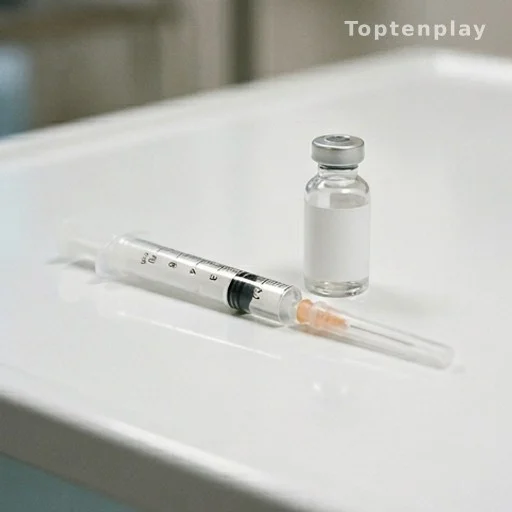 Seringue et flacon de traitement anticoagulant sur surface médicale blanche