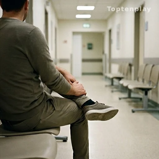 Silhouette de dos d'une patiente assise dans un couloir d'hôpital