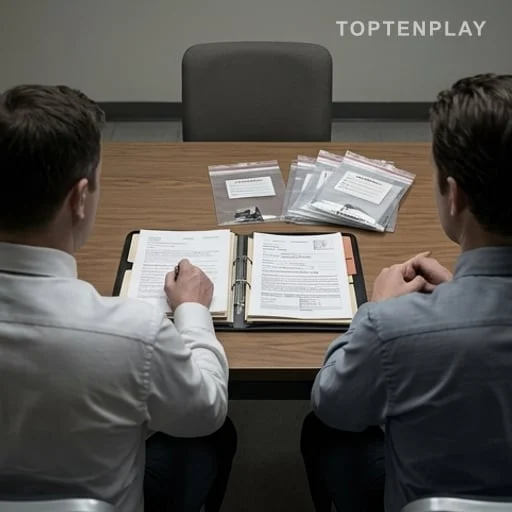 Enquêteurs consultant un dossier de justice sur une table