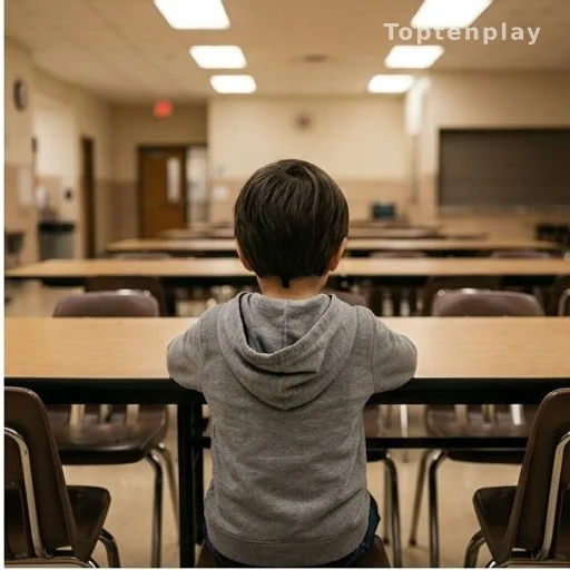 Enfant assis seul à une table de cantine scolaire
