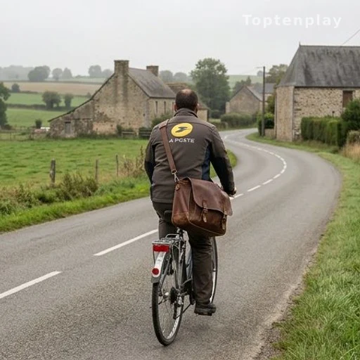 Factrice de dos à vélo sur une route rurale lors d'une tournée postale