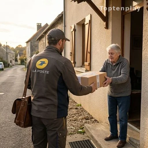 Facteur remettant un colis à domicile dans un village rural français