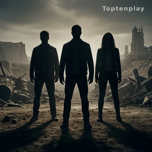 Silhouettes de trois nouveaux acteurs sur un décor post-apocalyptique de tournage