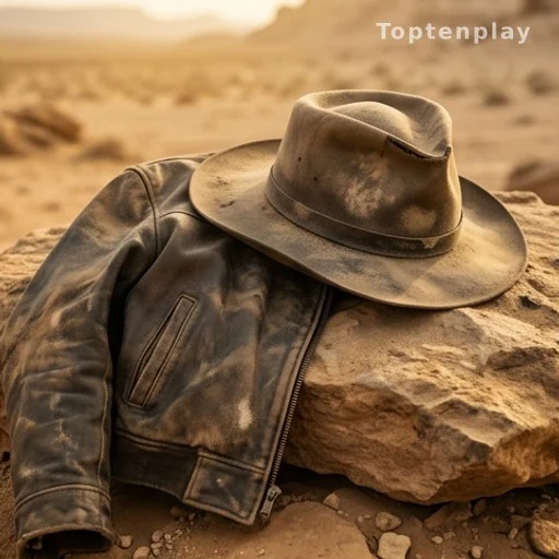 Veste et chapeau usés posés sur un rocher désertique, ambiance post-apocalyptique