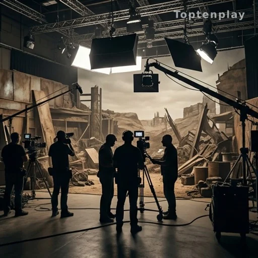 Équipe de tournage sur un plateau de série post-apocalyptique, production haut de gamme