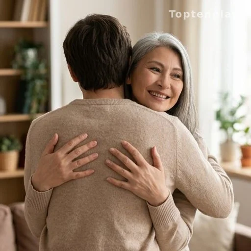 Fils et mère s'enlaçant affectueusement, story Instagram fête des mères