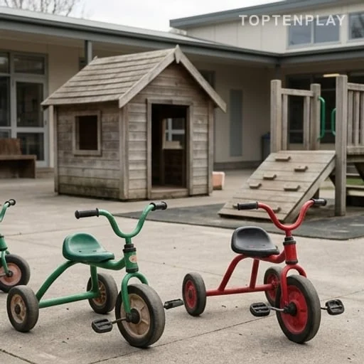 Cour de maternelle avec vélos et cabane